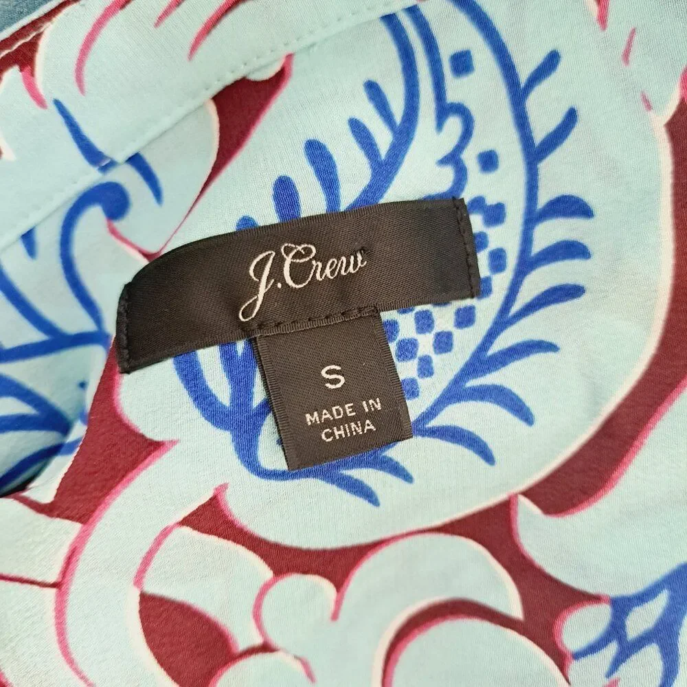 J.Crew Women's Printed Blue Silk Long Sleeves Tunic Top Side Slit Sz Small